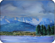 watercolor Alaska painting, mountains, river